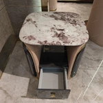 Marble-Top Sofa Side Table with Curved Beige Side Panels, Dark Textured Cabinet Body and Single Storage Drawer